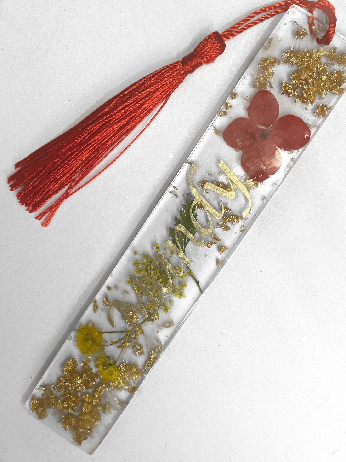 Red & Yellow Floral Bookmark, handmade with dried flowers and gold leaf. Personalised with gold text