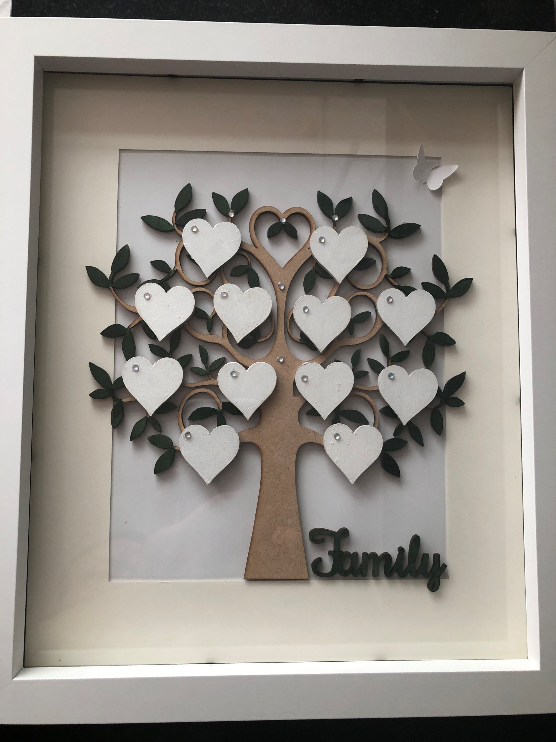 Large Green Family Tree, embellished with up to thirteen white hearts personalised with names of your choice in black text