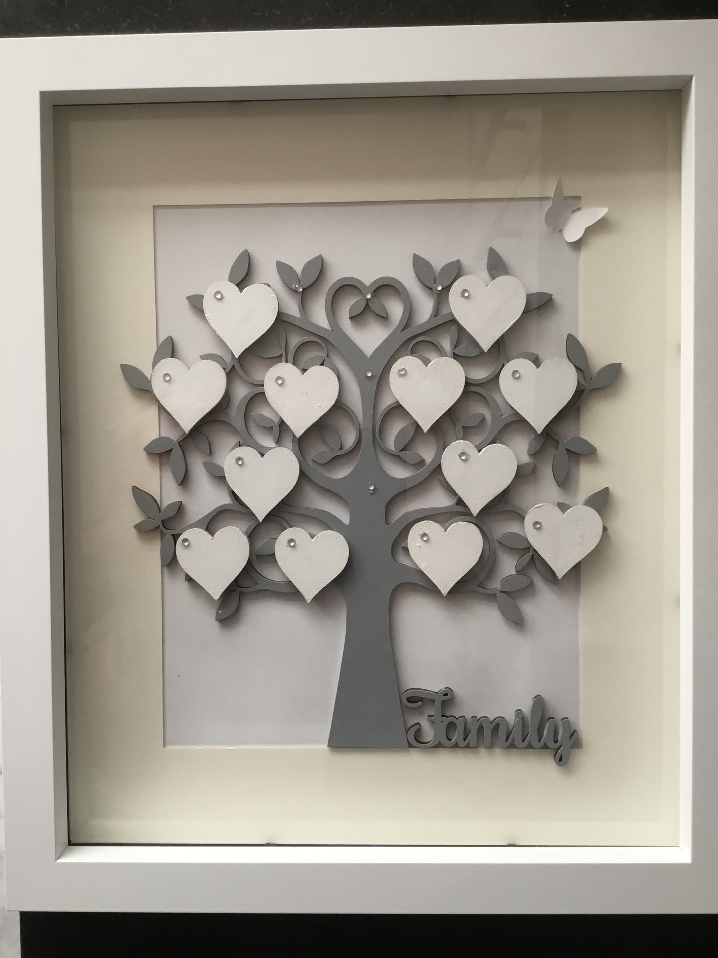 Large Grey Family Tree, embellished with up to thirteen white hearts personalised with names of your choice in black text