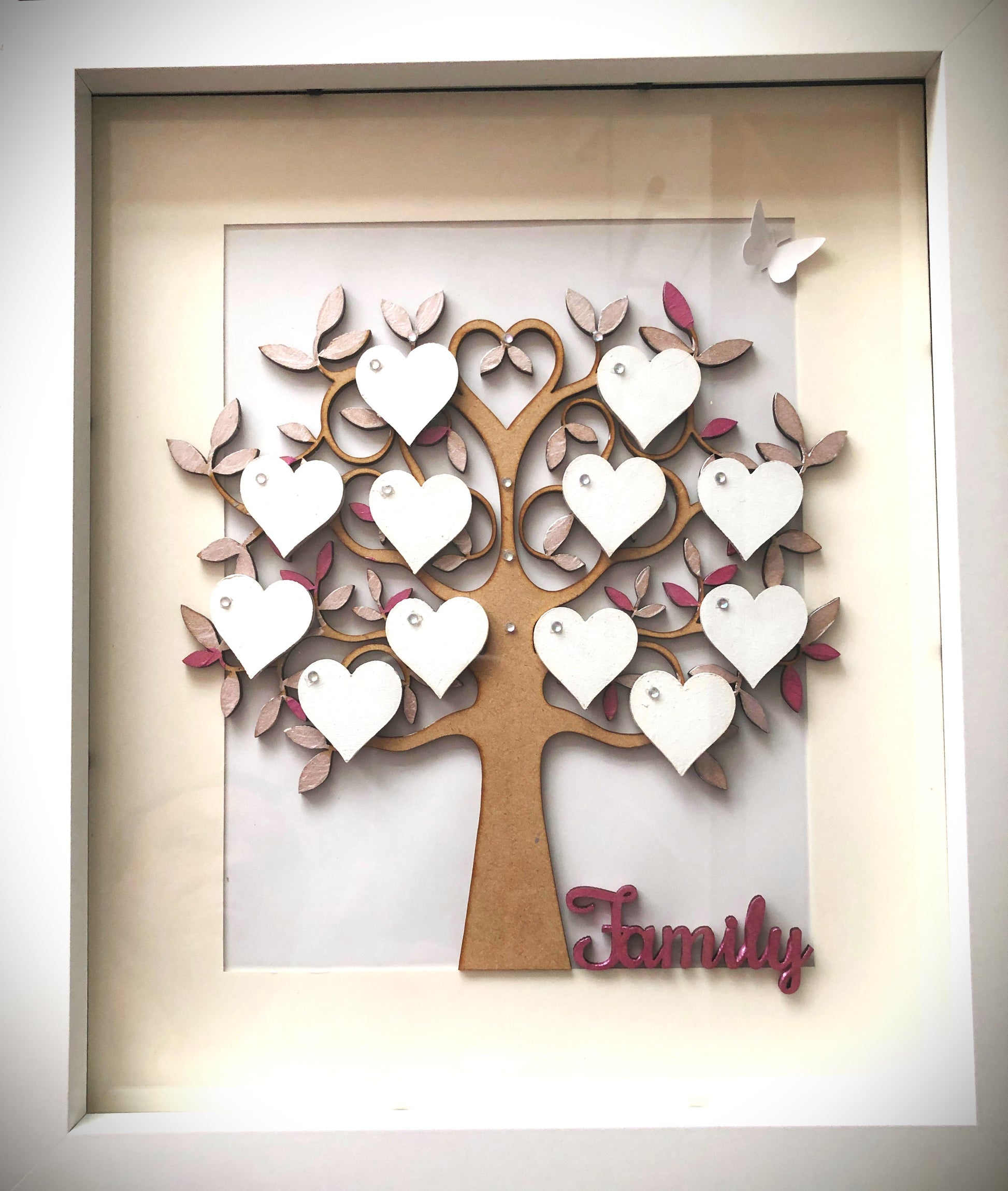 Large Pink Blossom Family Tree, embellished with up to thirteen white hearts personalised with names of your choice in black text