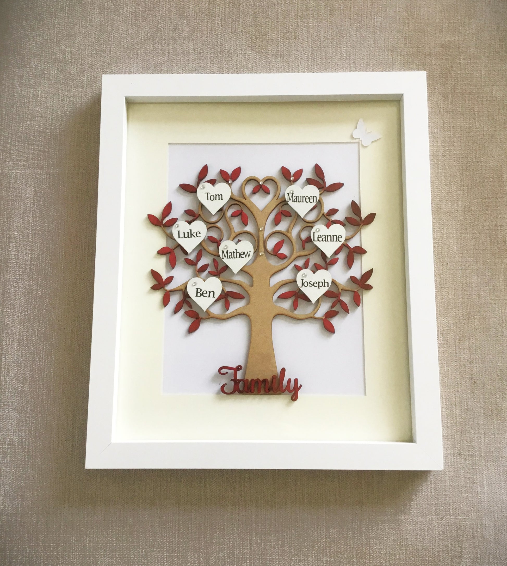 Large Red Family Tree, embellished with up to thirteen white hearts personalised with names of your choice in black text 