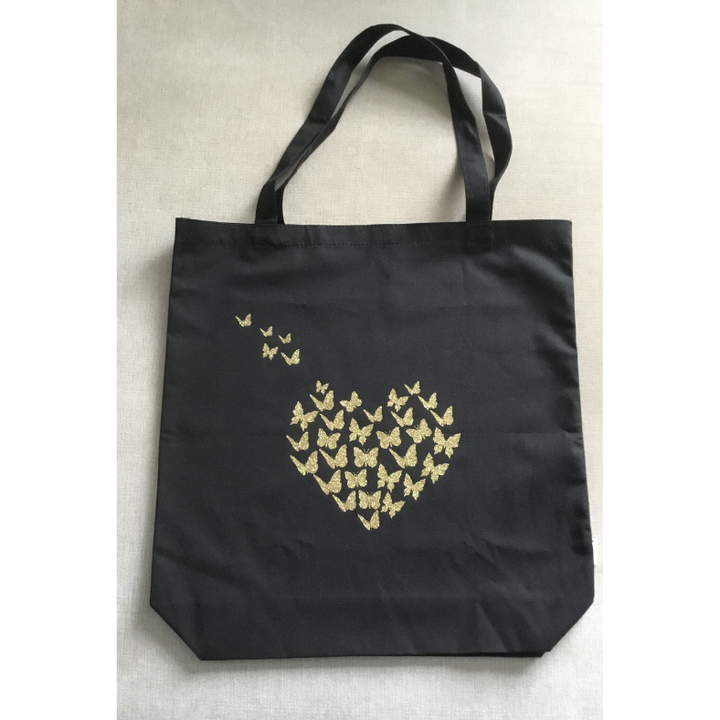 Butterfly Heart, Black large canvas tote bag